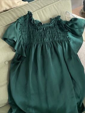 Smocked Ruffle-Sleeve Blouse in Deep Green